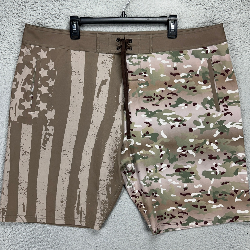 Freedom Industries Swim Trunks Mens 40 Tan Green American Flag Camo Board Shorts